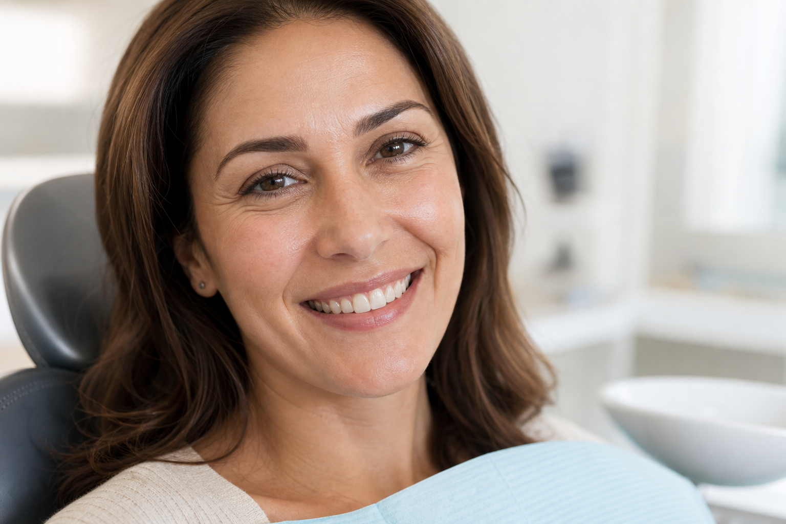 Paciente com sorriso natural após tratamento odontológico